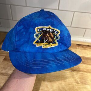 VTG Camel Cigarettes Smooth Character Logo Snapback Hat Cap Blue Tie Dye